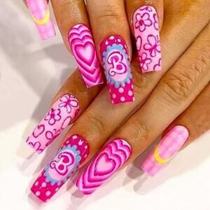 Barbiecore Kawaii Lolita Pink 24 Piece Set Long Coffin Nails